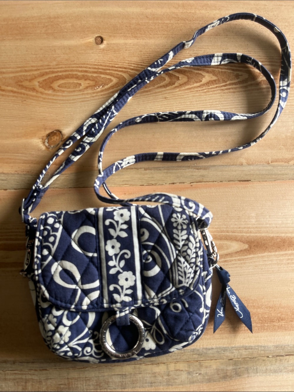 Vera Bradley “Twirly Birds” Navy and Cream Quilted Floral Crossbody